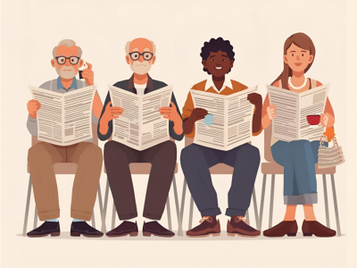 fire mennesker på række med aviser