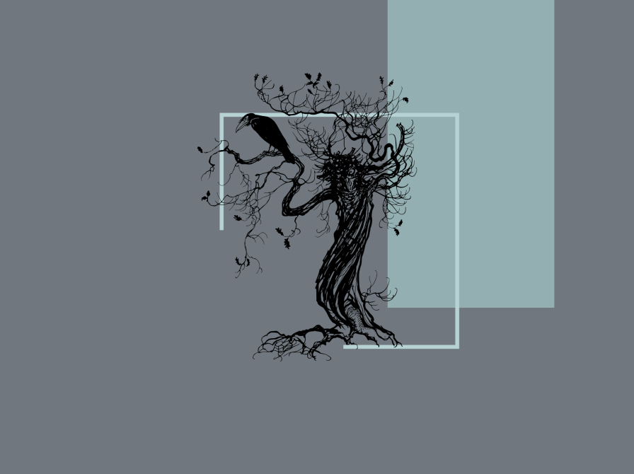 Grafik af vissent træ med sort fugl